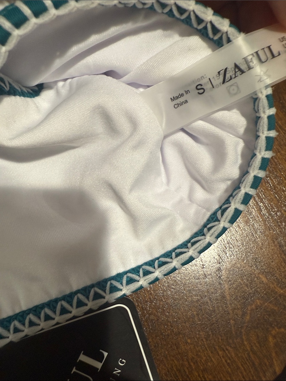 Zaful White Ribbed Bandeau Bikini with Teal-Trim - Picture 2 of 3